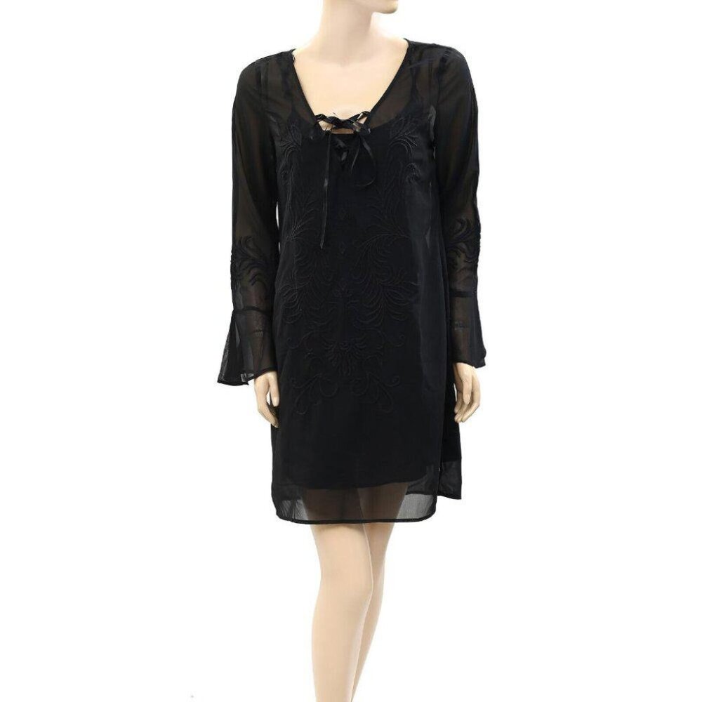 Iodice Floral Embroidered Mini Dress Lace-Up Black Bell Sleeve Boho S New